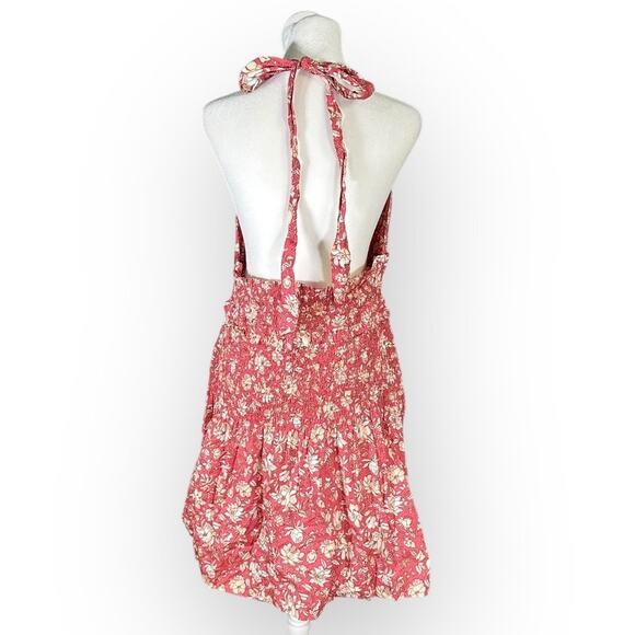 J.Crew Mini Dress Women's Large Pink White Floral Smocked Halter Ruffle V-Neck - Picture 5 of 13